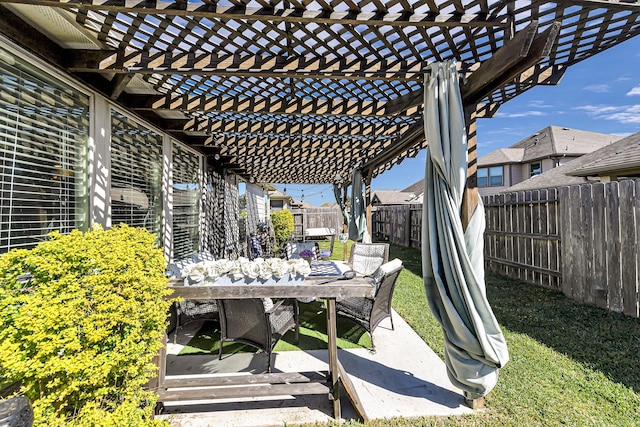 view of patio / terrace featuring outdoor dining space, a fenced backyard, and a pergola