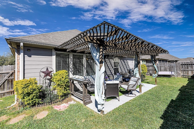 back of property with a patio, fence, an outdoor living space, a yard, and a pergola