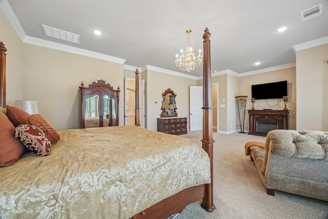 bedroom with visible vents, carpet, a glass covered fireplace, and ornamental molding