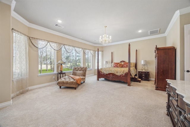 bedroom with visible vents, light colored carpet, an inviting chandelier, and crown molding