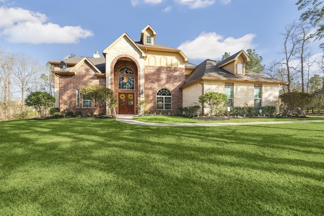 view of front of house featuring brick siding, french doors, and a front yard