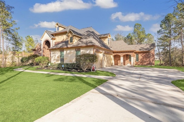 view of front of house featuring a front yard, concrete driveway, a garage, stone siding, and brick siding