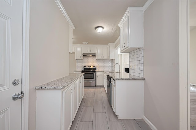 kitchen featuring a sink, under cabinet range hood, stainless steel electric stove, white cabinetry, and decorative backsplash