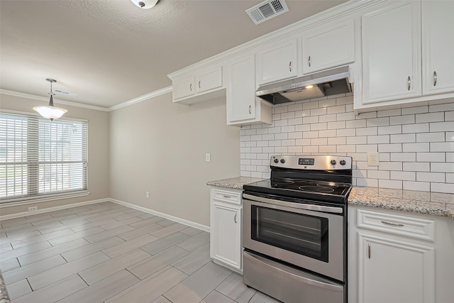 kitchen featuring decorative backsplash, stainless steel range with electric stovetop, visible vents, and under cabinet range hood
