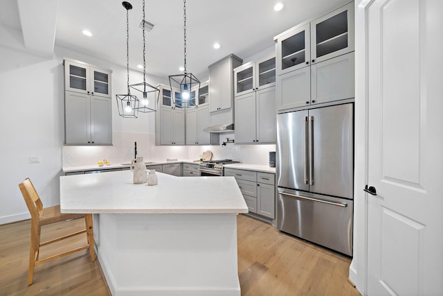 kitchen with light wood-type flooring, gray cabinets, premium appliances, a kitchen island, and backsplash