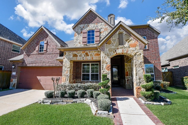 french country inspired facade with a front lawn, stone siding, concrete driveway, a garage, and brick siding