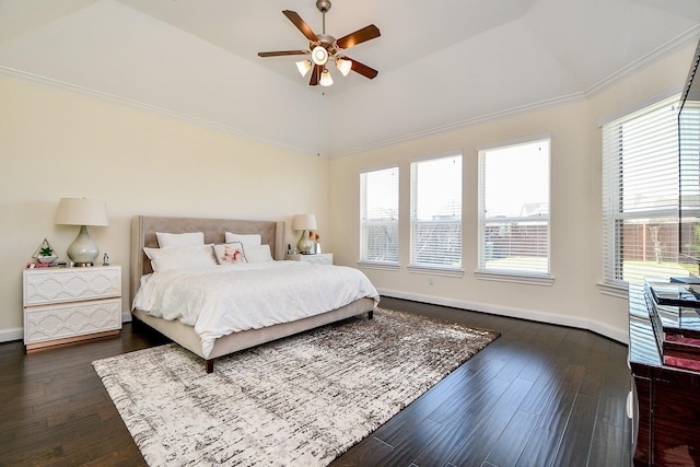 bedroom with ceiling fan, baseboards, lofted ceiling, and dark wood-style floors