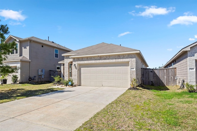 view of front of home featuring a front yard, concrete driveway, brick siding, and a garage