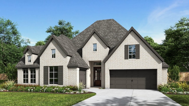 view of front of house with driveway, stone siding, a front yard, an attached garage, and brick siding