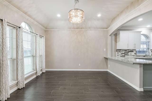 unfurnished dining area featuring a sink, a healthy amount of sunlight, crown molding, and wood tiled floor