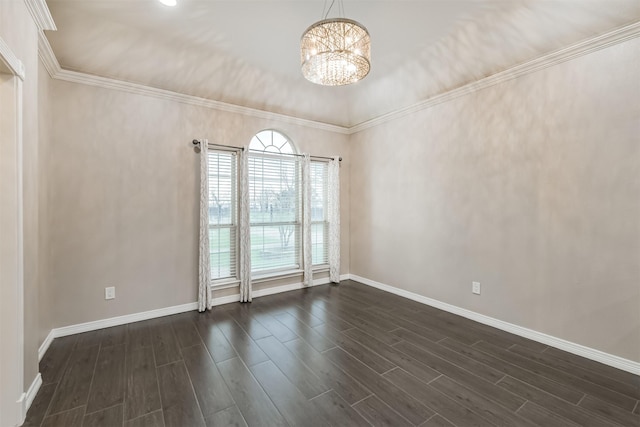 empty room with a notable chandelier, baseboards, and dark wood-style flooring