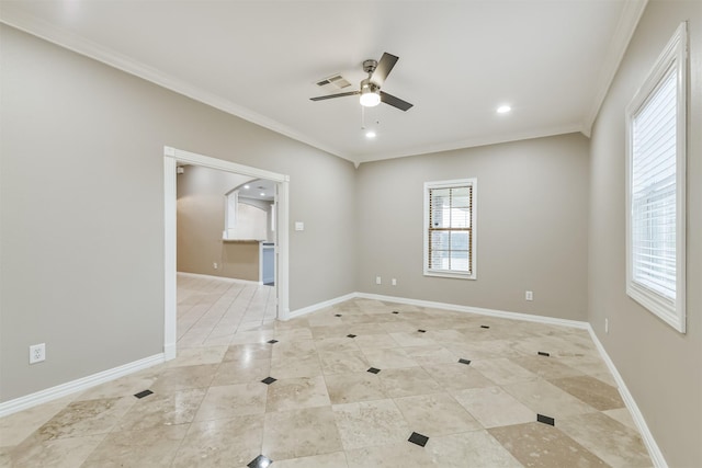 unfurnished room featuring recessed lighting, baseboards, a ceiling fan, and crown molding