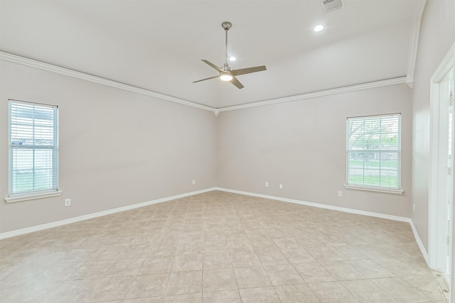 empty room with visible vents, ornamental molding, a ceiling fan, recessed lighting, and baseboards