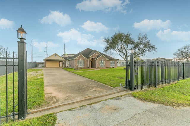 view of front of property featuring brick siding, a front yard, fence, and a garage