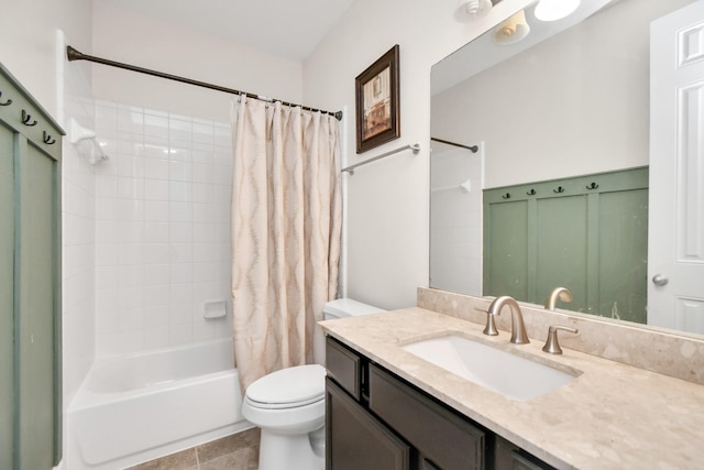 full bathroom with vanity, toilet, shower / tub combo with curtain, and tile patterned flooring