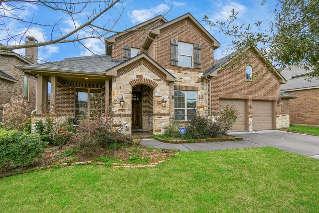 traditional-style house with brick siding, stone siding, and driveway