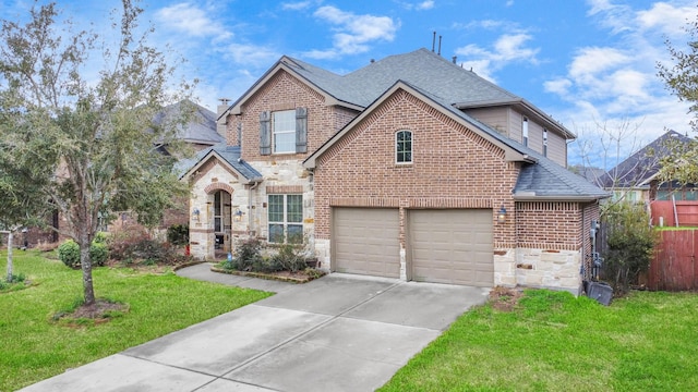 traditional home featuring stone siding, brick siding, concrete driveway, and a front lawn