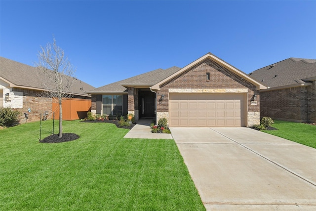 ranch-style house with brick siding, a front lawn, concrete driveway, roof with shingles, and an attached garage