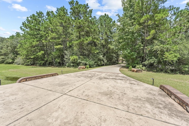 view of community featuring a lawn and driveway