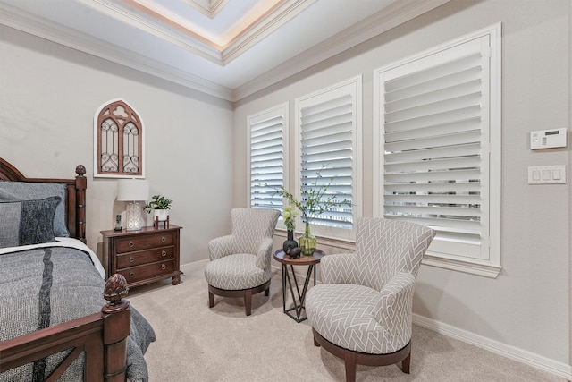 bedroom with carpet flooring, crown molding, and baseboards