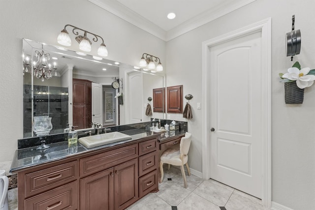 full bathroom with tile patterned floors, baseboards, ornamental molding, and vanity