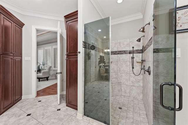 full bathroom featuring connected bathroom, a shower stall, crown molding, baseboards, and tile patterned flooring