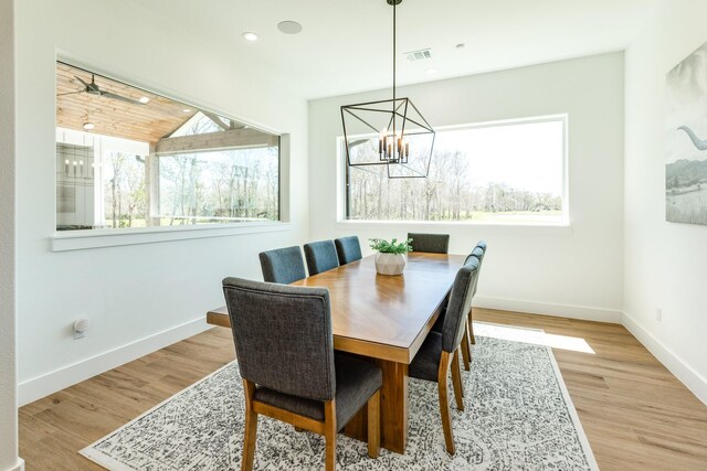 dining room with recessed lighting, visible vents, baseboards, and wood finished floors