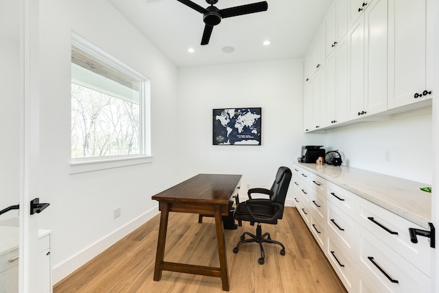 home office featuring recessed lighting, light wood-style flooring, baseboards, and ceiling fan