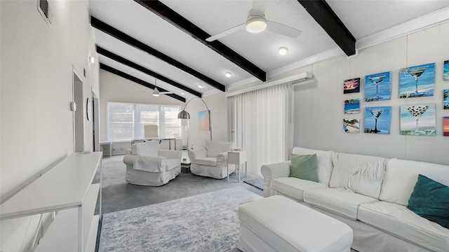 living room featuring lofted ceiling with beams, visible vents, concrete flooring, and ceiling fan