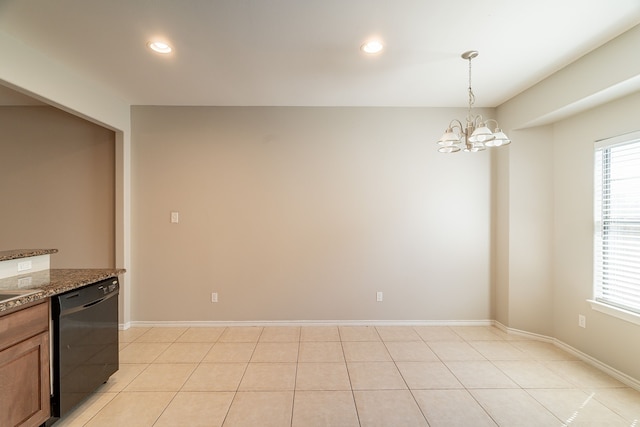 unfurnished dining area featuring a chandelier, light tile patterned floors, recessed lighting, and baseboards