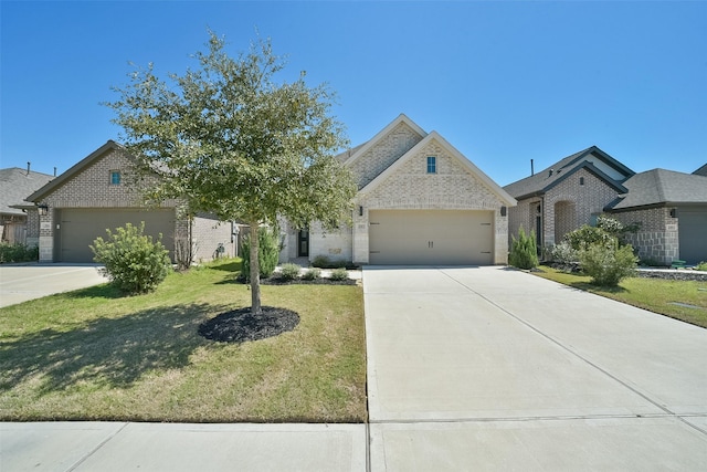 view of front of home with concrete driveway, an attached garage, brick siding, and a front lawn