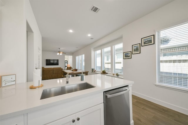 kitchen with visible vents, open floor plan, stainless steel dishwasher, white cabinetry, and a sink