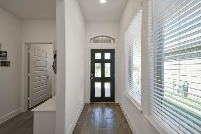 entryway featuring baseboards and dark wood finished floors