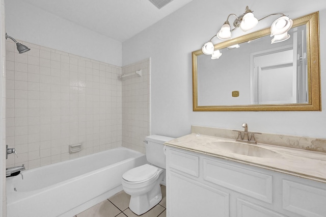 full bath featuring visible vents, toilet, bathtub / shower combination, tile patterned floors, and vanity