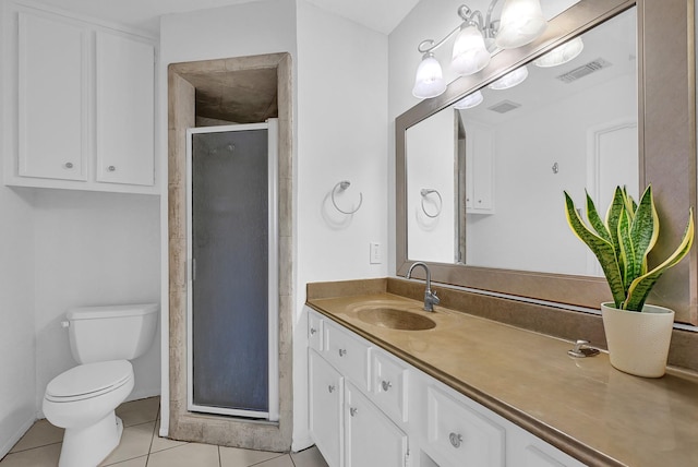 full bath featuring visible vents, toilet, a shower stall, tile patterned flooring, and vanity