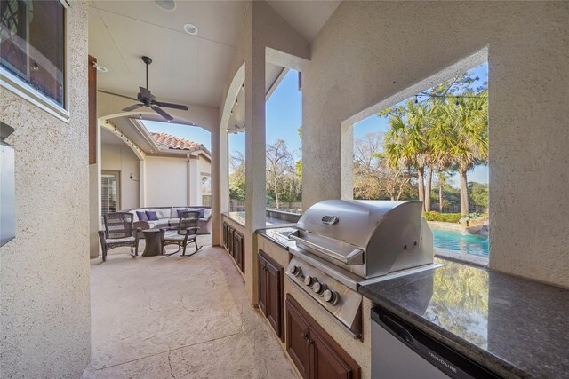 view of patio featuring grilling area, area for grilling, outdoor lounge area, and a ceiling fan