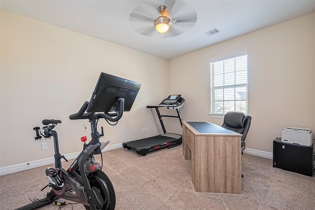 10018 Durango Path Ln, Cypress, TX 77433 - exercise room with visible vents, light carpet, baseboards, and ceiling fan