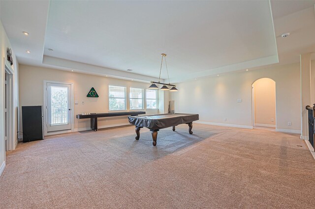 10018 Durango Path Ln, Cypress, TX 77433 - game room with light carpet, pool table, a tray ceiling, and arched walkways
