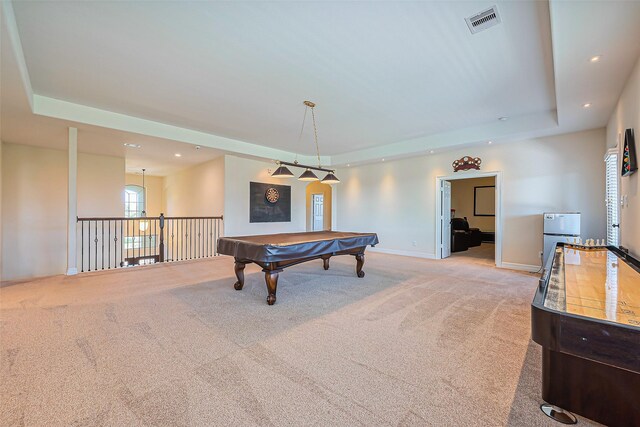 10018 Durango Path Ln, Cypress, TX 77433 - recreation room with visible vents, pool table, a tray ceiling, light carpet, and recessed lighting