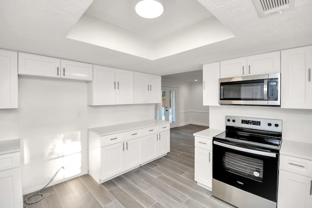 kitchen with a tray ceiling, wood finish floors, light countertops, and stainless steel appliances