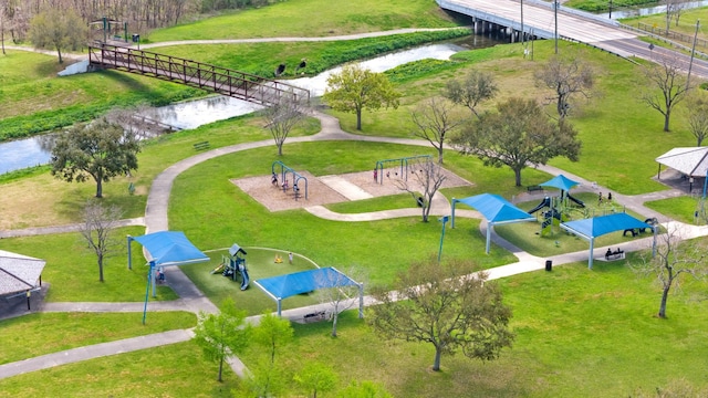 aerial view featuring a water view