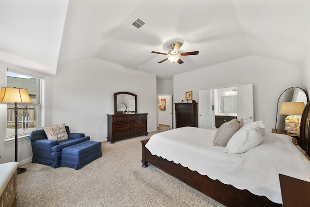 bedroom with visible vents, lofted ceiling, carpet floors, and ceiling fan