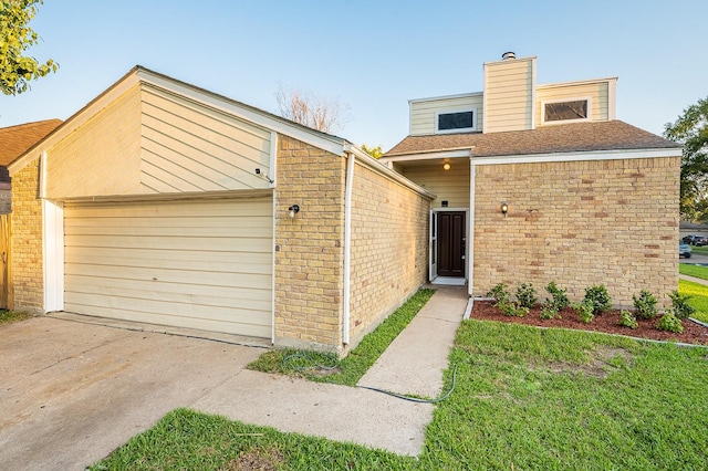 view of front facade featuring concrete driveway, an attached garage, brick siding, and roof with shingles