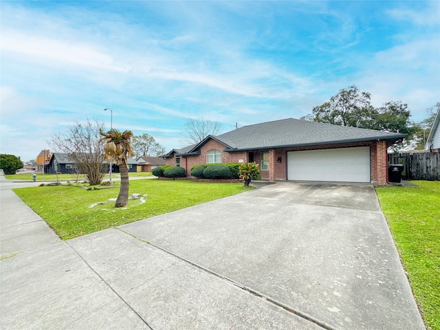 view of front facade featuring a front yard, fence, driveway, a garage, and brick siding