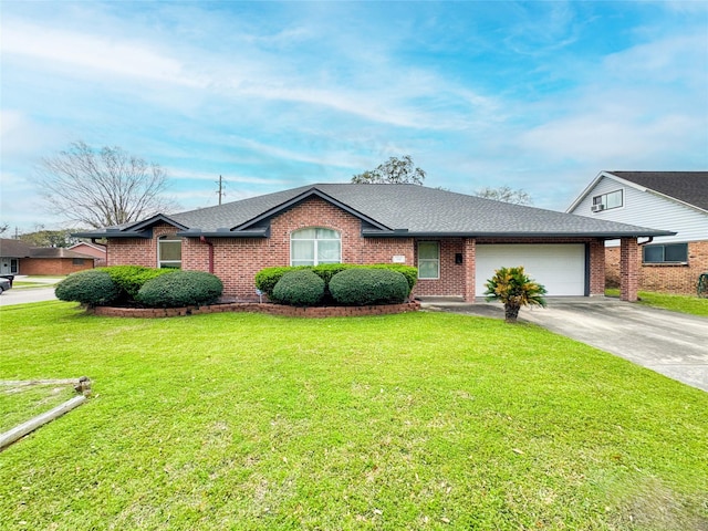 single story home with a front yard, driveway, roof with shingles, an attached garage, and brick siding