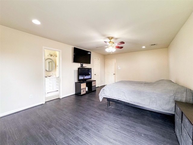 bedroom with visible vents, dark wood finished floors, recessed lighting, baseboards, and ceiling fan