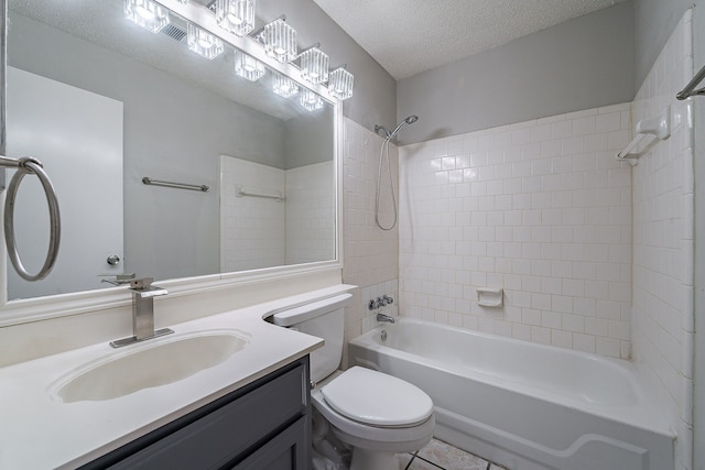 full bathroom with vanity, toilet, tub / shower combination, and a textured ceiling