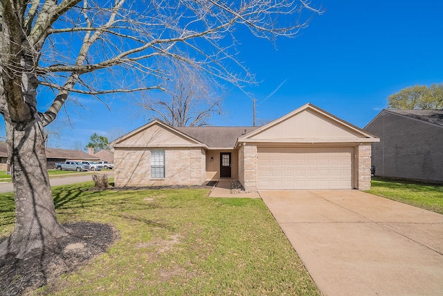 ranch-style home with a garage, brick siding, concrete driveway, and a front lawn