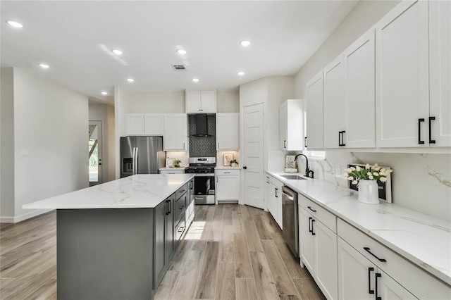 kitchen featuring a sink, appliances with stainless steel finishes, white cabinets, and a center island