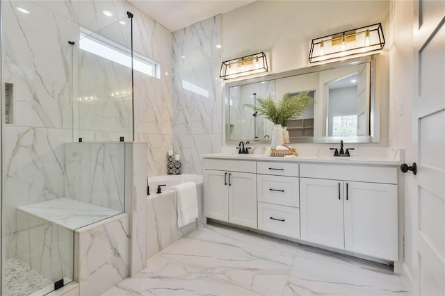 bathroom with double vanity, a bath, a marble finish shower, and a sink